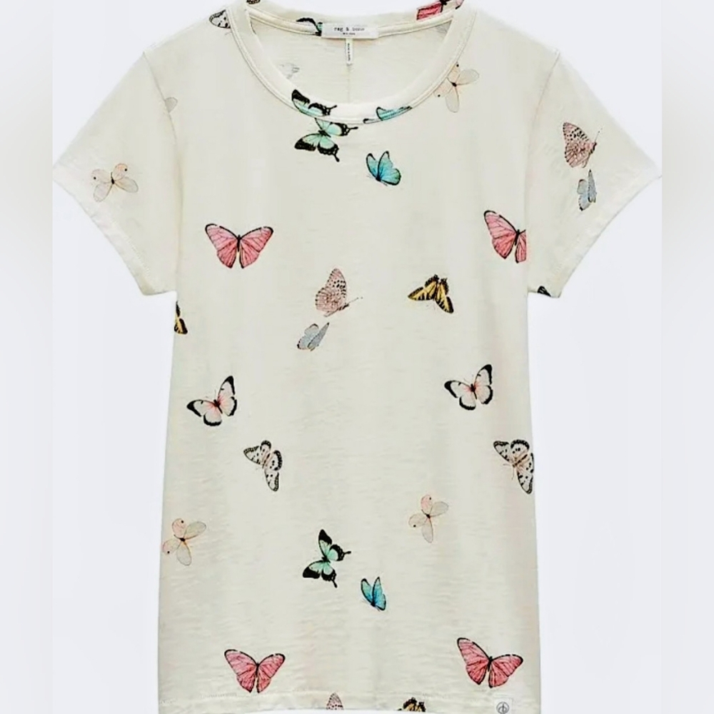 Rag & Bone Ozzy Classic Tee  All Over Butterfly Print Crew Neckline Small NWT
